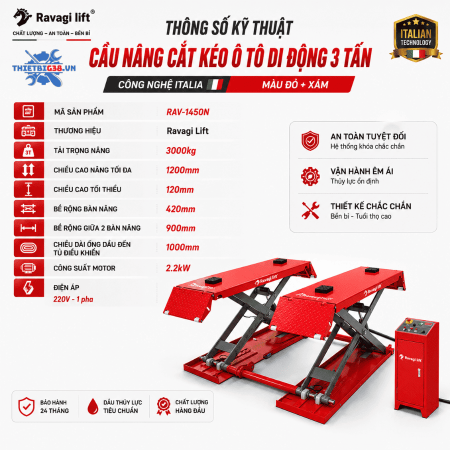 Cầu Nâng Cắt Kéo Di Động 3 Tấn RAVAGI LIFT RAV-1450N Công Nghệ Italia